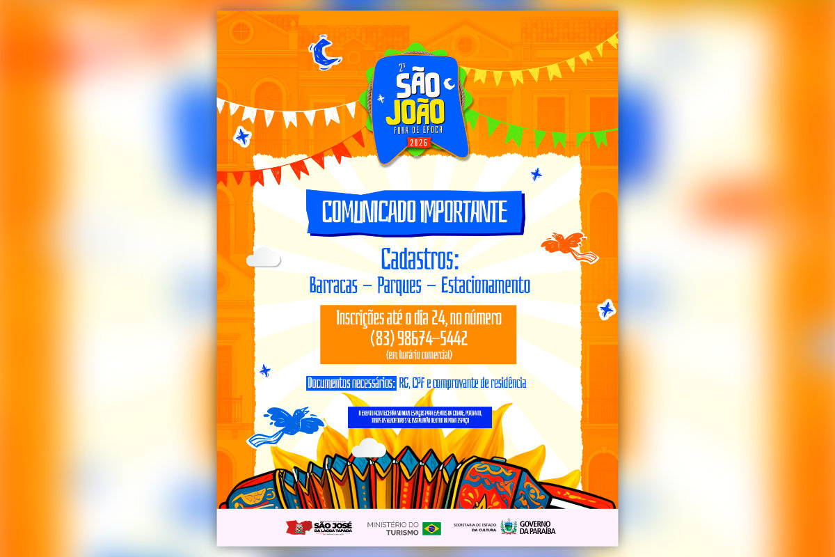 Prefeitura de São José da Lagoa Tapada abre inscrições para comerciantes interessados em participar do 2º São João Fora de Época 2026